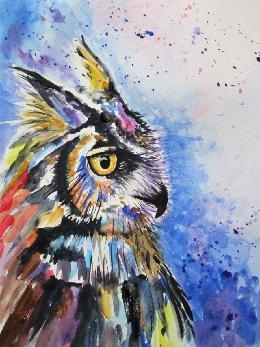 Expressive Watercolour , Great Horned Owl By Marjansart, 9 X 13, Artwork For Sale On Artfinder