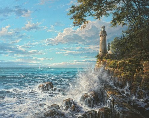 Lighthouse on the rock by Viktar Yushkevich YUVART
