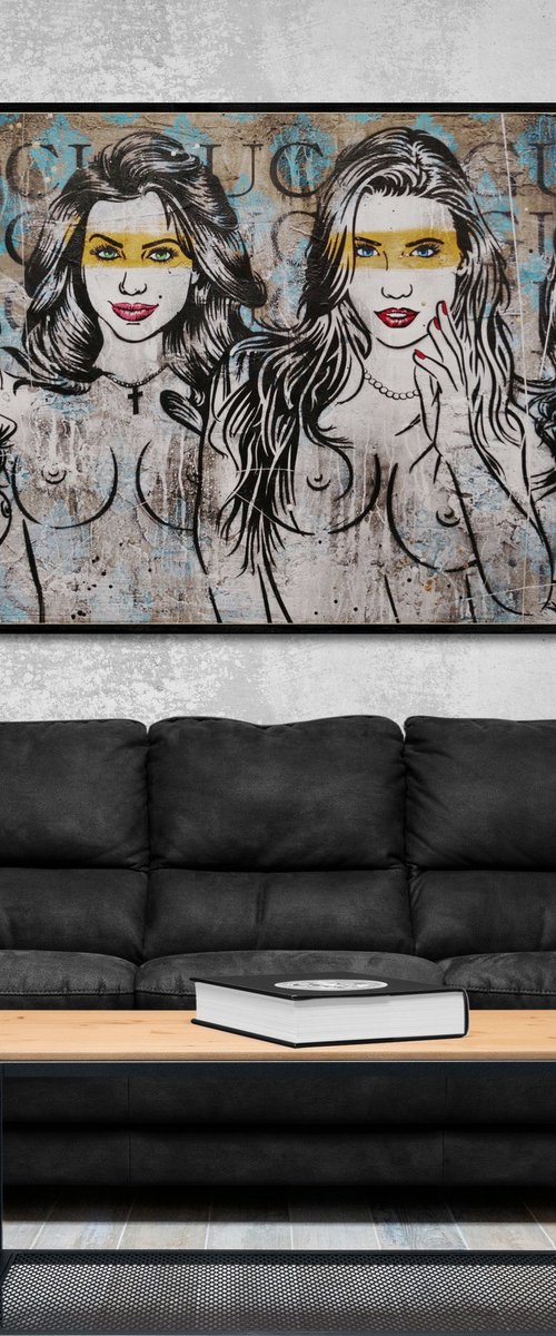 Parading in the Fourth 190cm x 100cm Concrete Textured Urban Pop Art by Franko