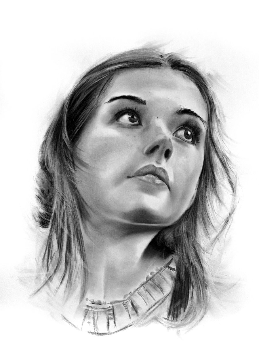 Illustrative Portrait Charcoal Drawing By Denny Stoekenbroek, 20 X 26, Ethereal Reflection, Original Artwork