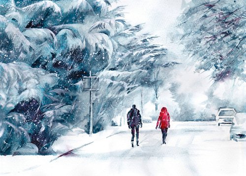 Stroll in the snow, original watercolour painting of a couple in snow by Anjana Cawdell