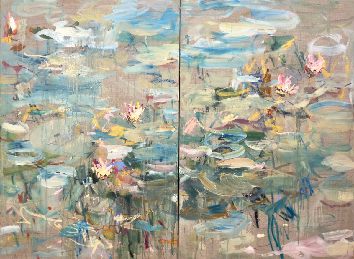 Expressive Abstract Oil Painting By Lilia Orlova-Holmes, 60 X 30", Nympheas. Diptych., Original Artwork
