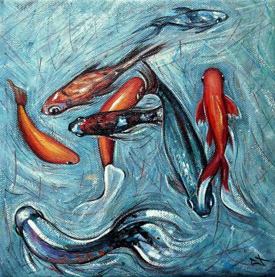 GOLDFISHES, Oil painting study 20 x 20 cm