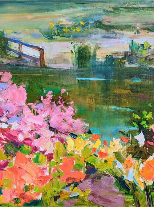 Summer impressions . 80х 45 см. Azalea . Blooming garden by the lake .  Original oil painting by Helen Shukina