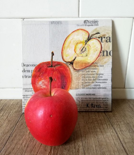 "Apple on Newspaper" Original Oil on Canvas Board Painting 6 by 6 inches (15x15 cm)