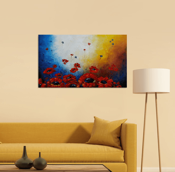 Red flowers (100x60cm, oil painting, palette knife)