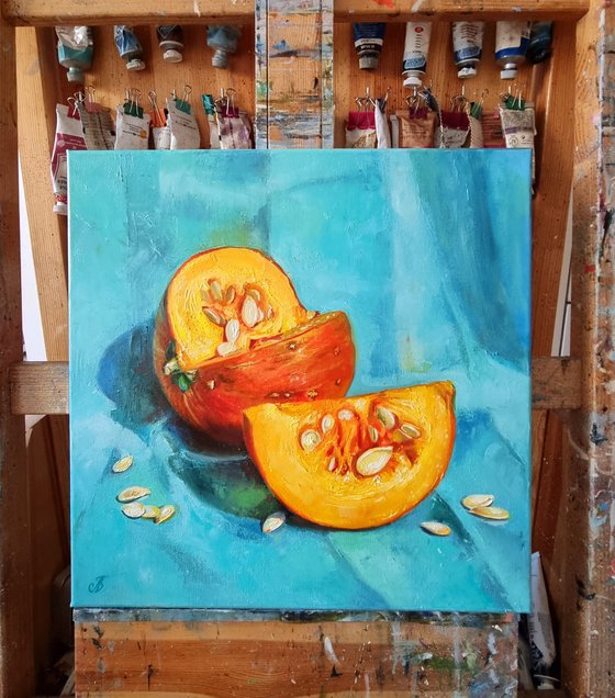 "Solar pumpkin. " still life  liGHt original painting PALETTE KNIFE  GIFT (2022)