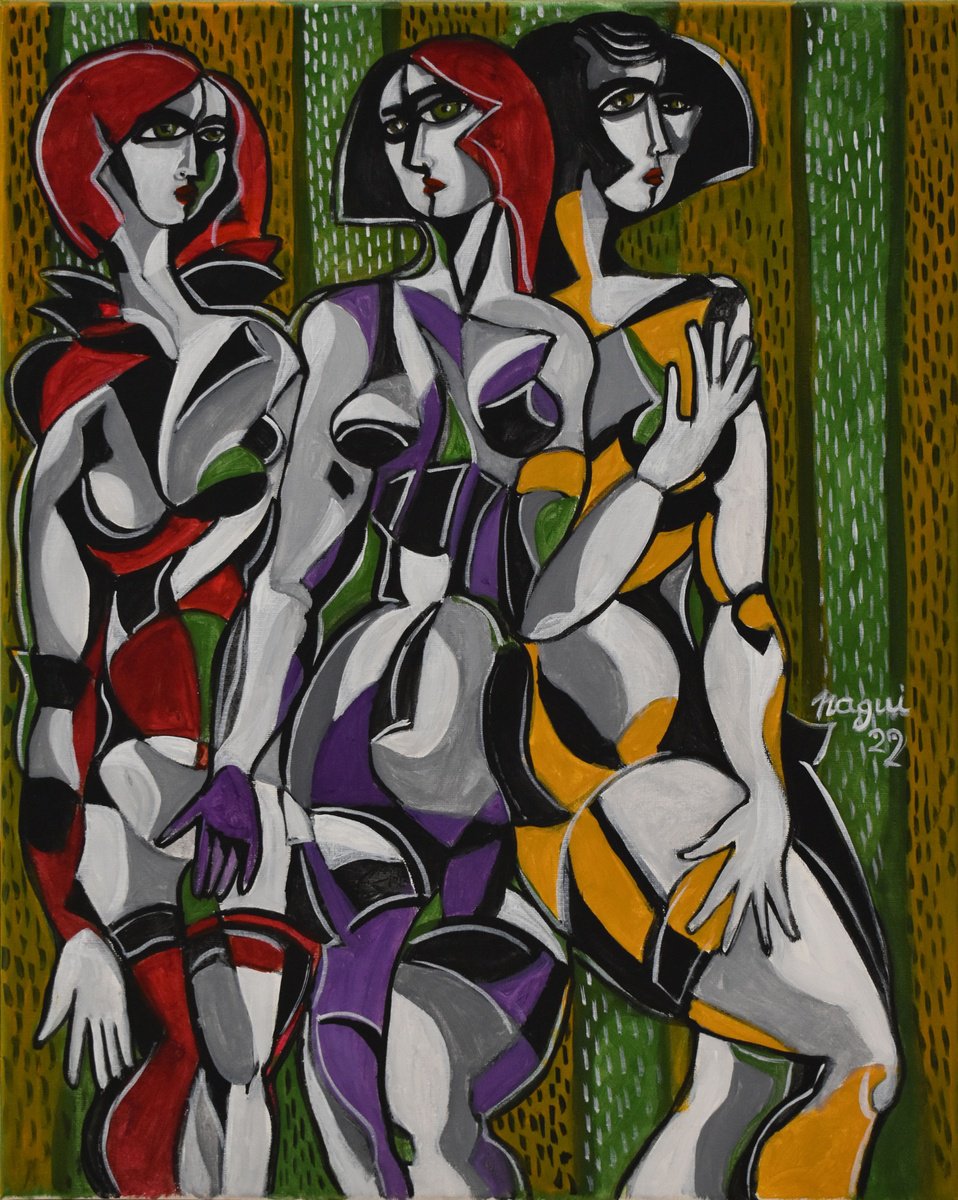 Expressive Portrait Acrylic Painting By Nagui, 16 X 20", Three Graces 22, Original Artwork
