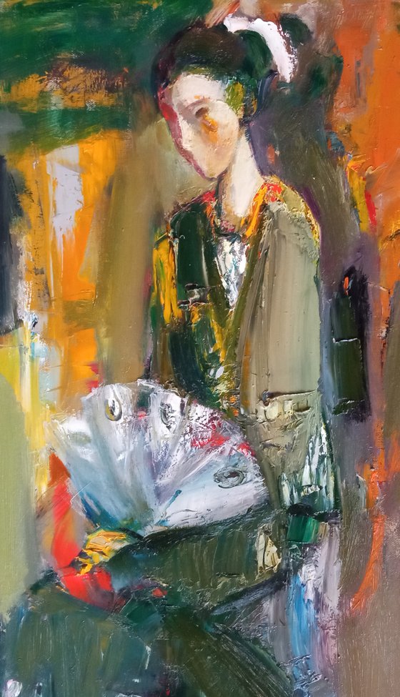 The girl with a fan (50x70cm, oil/canvas, abstract portrait)