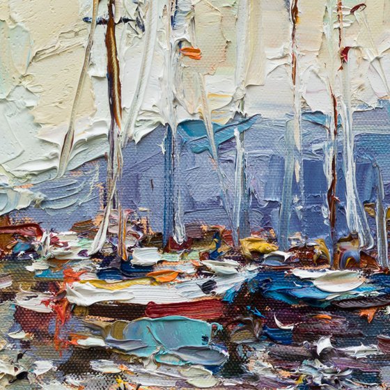 Sailing yachts in marina  Original seascape painting