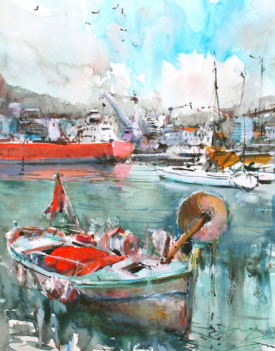 Impressionistic Landscape Watercolour By Maximo Damico, 4 X 6", Sailboats And Ships, Original Artwork