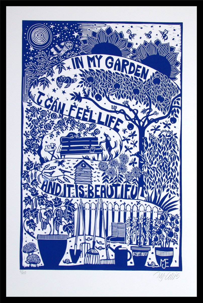 Illustrative Landscape Linocut By Mariann Johansen-Ellis, 20 X 28", My Garden, Original Artwork