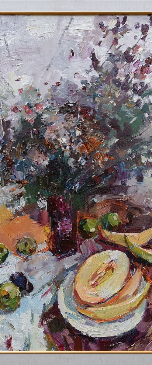 Still life with melons - Original oil painting  framed. by Anastasiia Valiulina