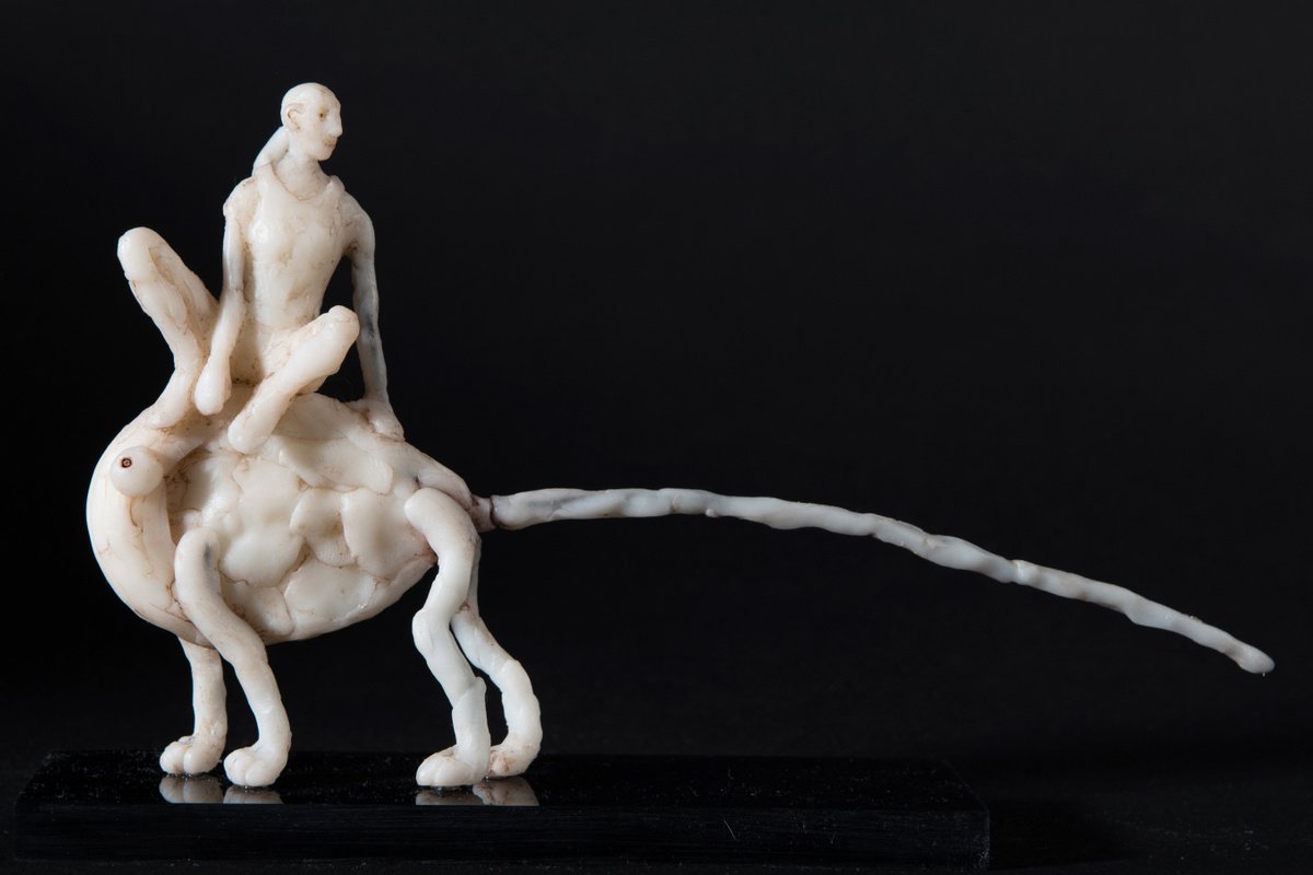 Expressive Portrait Sculpture By Holly Bennett, 9 X 6, Woman On Round Creature I, Original Artwork