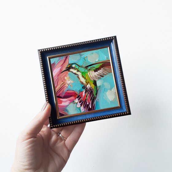 Hummingbird artwork framed oil painting original 4x4, Turquoise red flower small art frame bird lover gift, Housewarming Host gift thank you