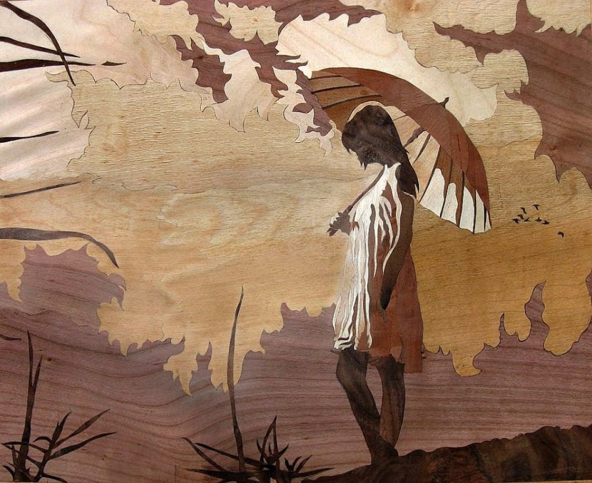 Marquetry work - Girl with the umbrella by Dusan Rakic