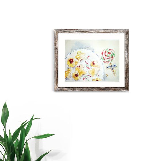 Gingerbread cookies, festive candy cane still life watercolor illustration