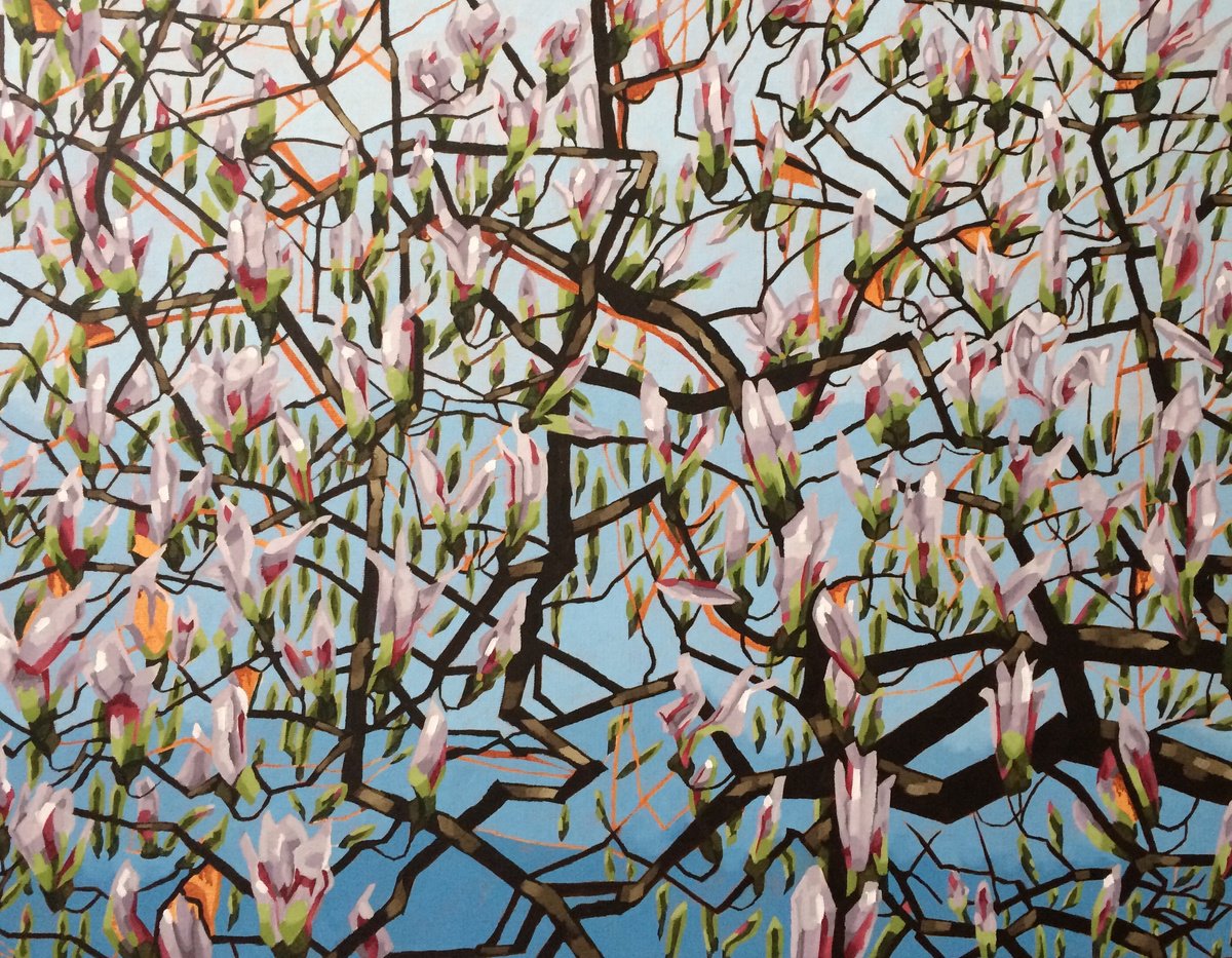 Expressive Botanical Oil Painting By Tarja Laine, 35 X 28", Magnolia, You Sweet Thing, Original Artwork