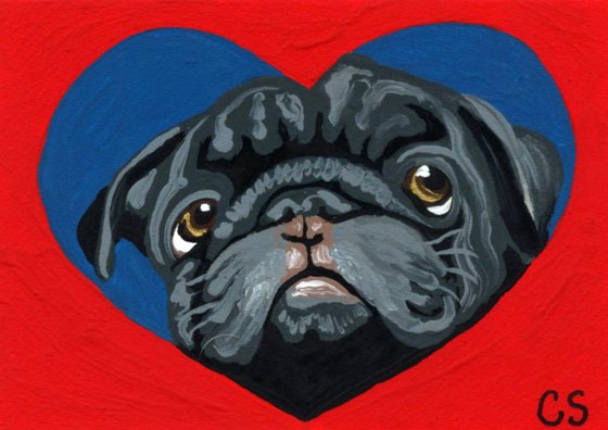 ACEO ATC Original Painting Black Pug Valentine Pet Dog Art-Carla Smale