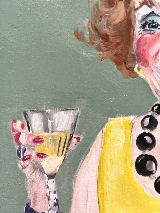 An oil painting of Edna called 'Cheers to the Good Times'