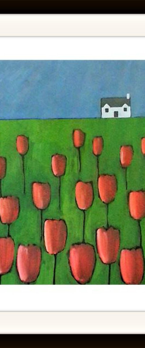 White Cottage with Tulips by Jan Rippingham