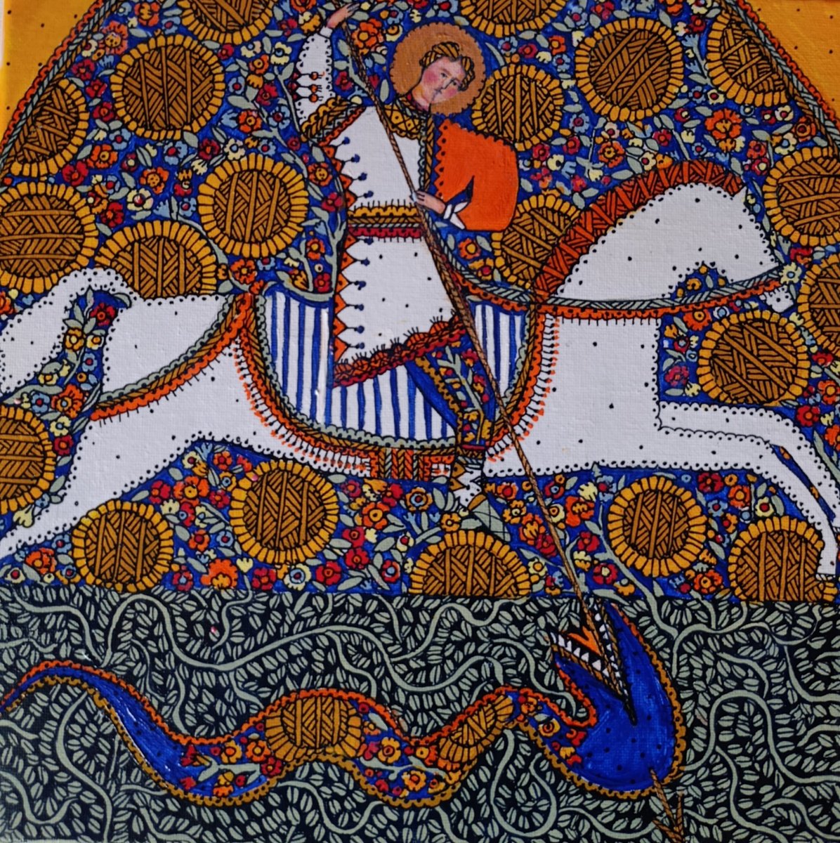 Naive Portrait Acrylic Painting By Tetiana Osadchuk, 12 X 12", The Victory Of Good Over Evil., Original Artwork