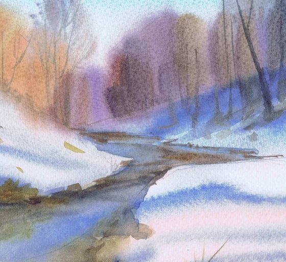 Spring landscape with snow and stream. Watercolour by Marina Trushnikova. Snow landscape, A3 watercolor