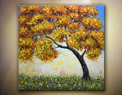 Oak Tree Painting, Fall Tree Painting, Impasto Landscape Art 30" x 30" by Nataliya Stupak