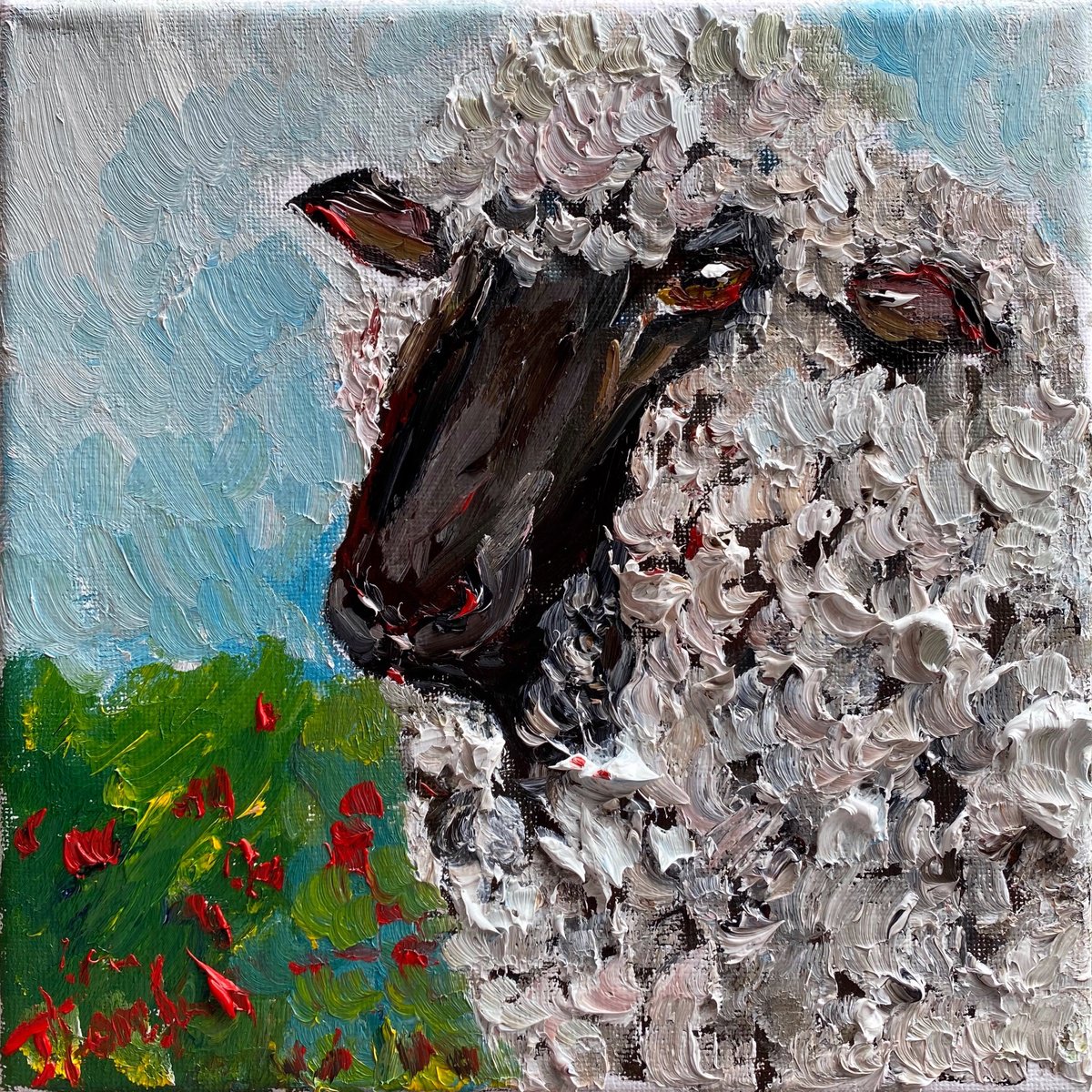 Impressionistic Animal Oil Painting By Oksana Fedorova, 8 X 8", Sheep Portrait, Original Artwork