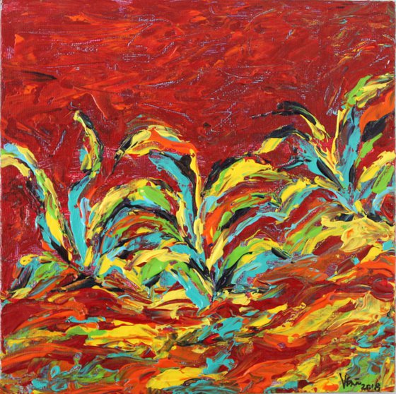 " Tropical Red Gardens, 2017 " - Abstract Landscape / Botanical Palette Knife Painting on Canvas Board