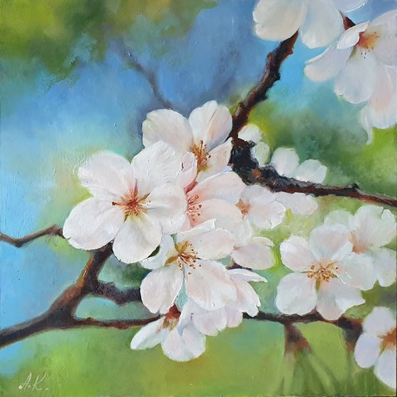 "Apple blossom." apple tree flower spring  liGHt original painting PALETTE KNIFE  GIFT (2020)