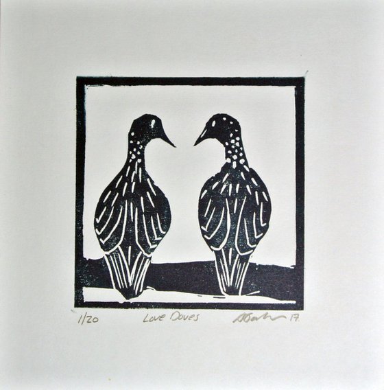 Love Doves, Framed Artwork, Monoprint on Paper