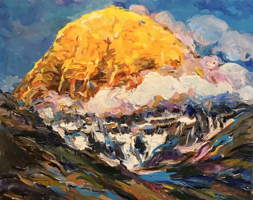 HIMALAYAS.  KAILASH MOUNT - landscape art, mountainscape, mountain, yellow sunset over the mountains 72x91 by Karakhan