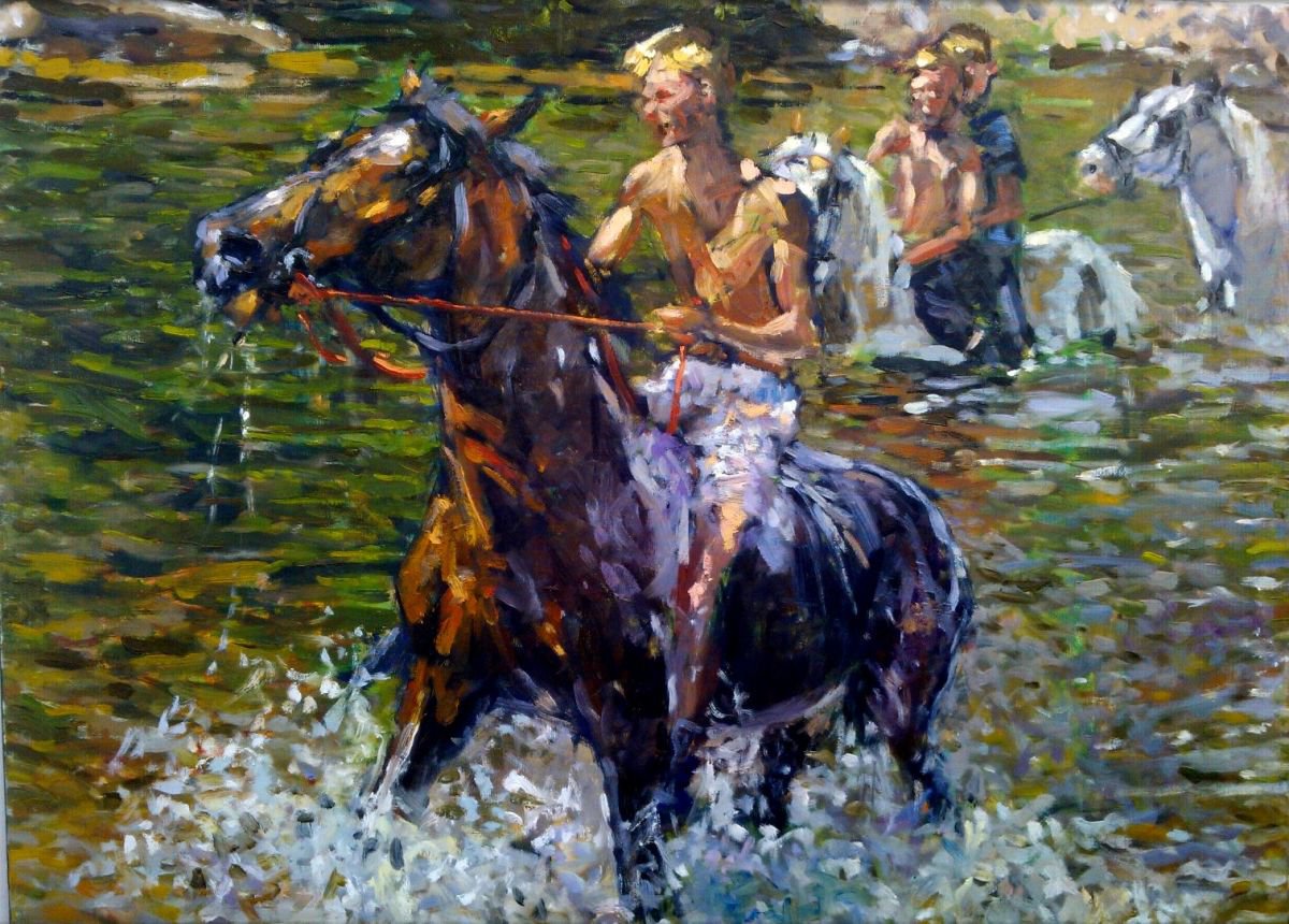 Crossing The Creek By Sebastian Beianu, 31 X 24, Artwork For Sale On Artfinder
