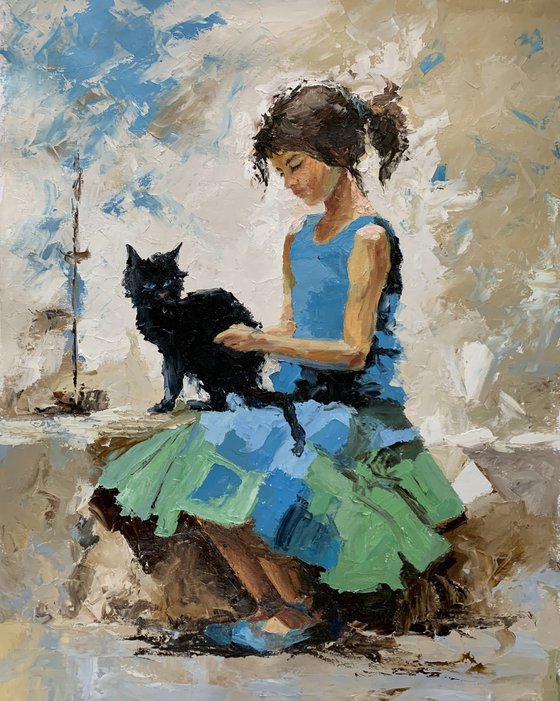 Girl with black cat.