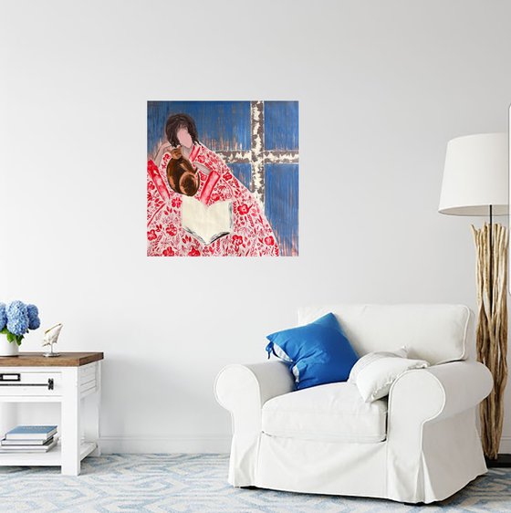 Woman Cat Reading Original Painting