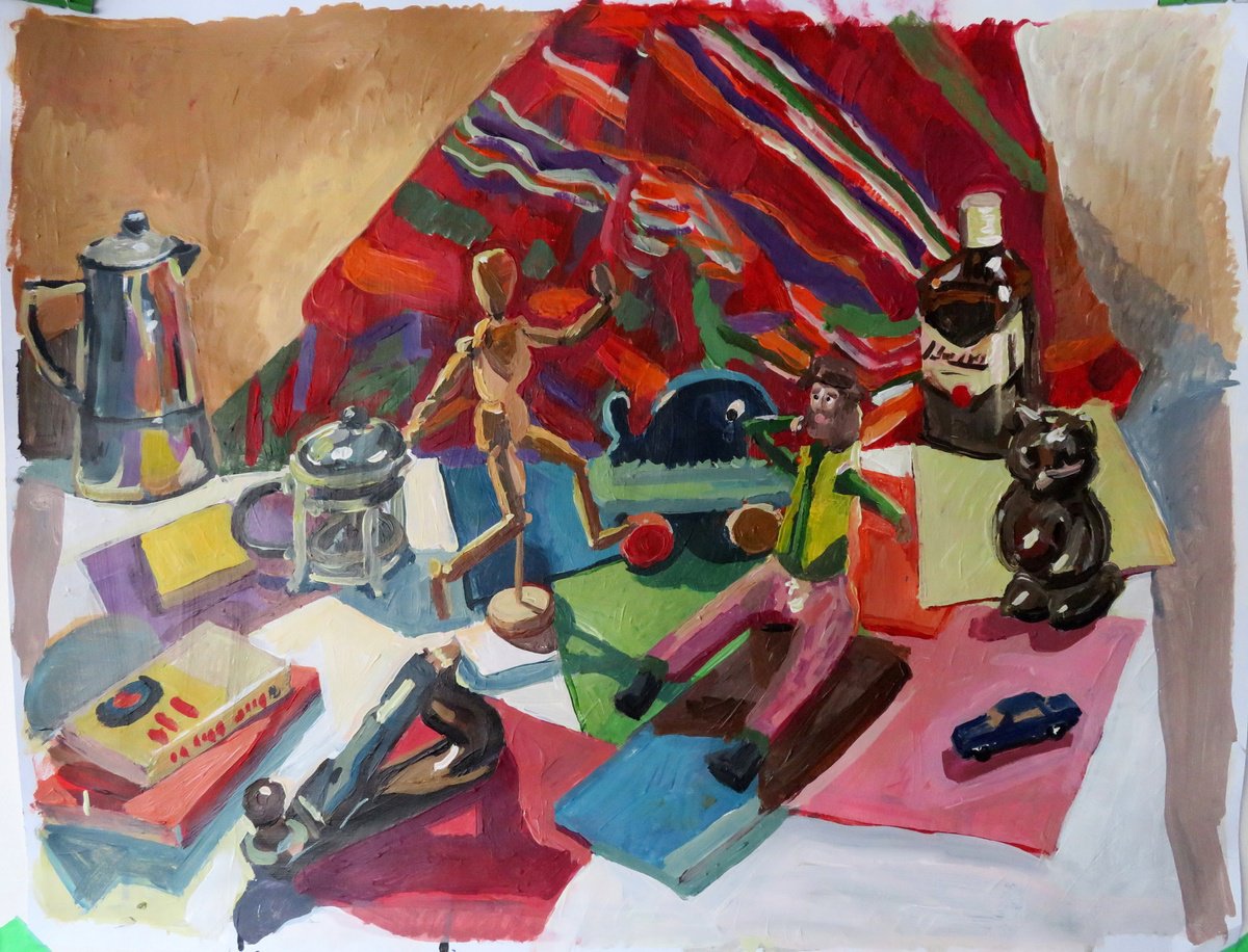 Impressionistic Still Life Acrylic Painting By Stephen Abela, 28 X 22", Still Life With Colored Paper, Original Artwork