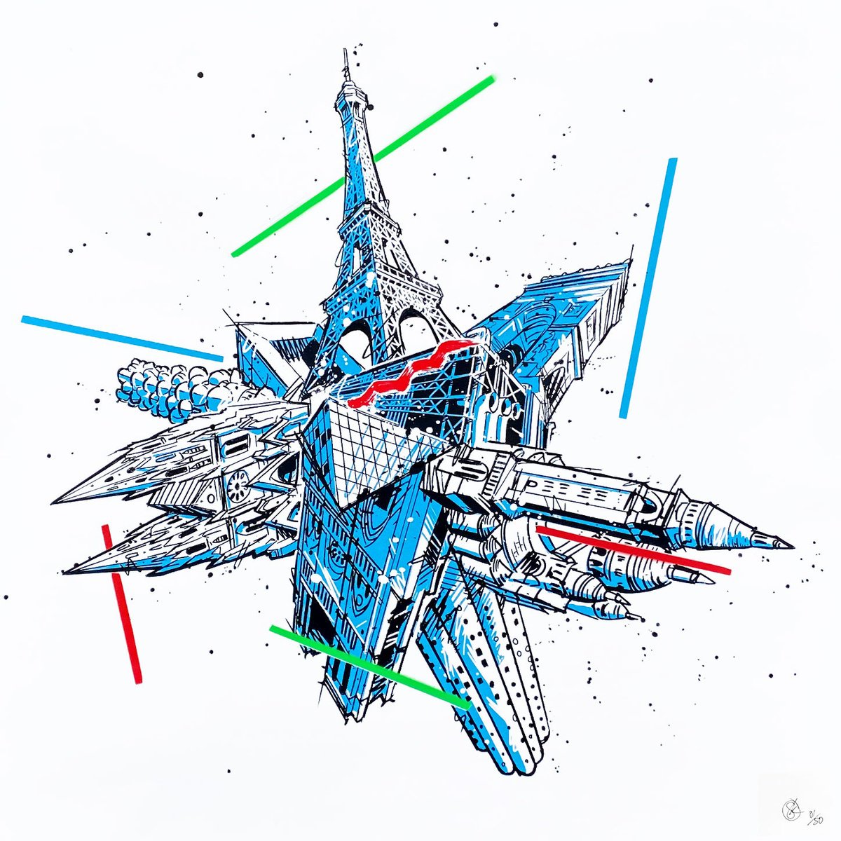 Illustrative Cityscapes Screenprint By Sam Kerridge, 24 X 24", Paris Spirestar, Original Artwork