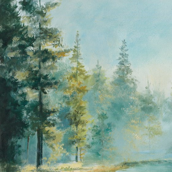 Misty lake in a pine forest