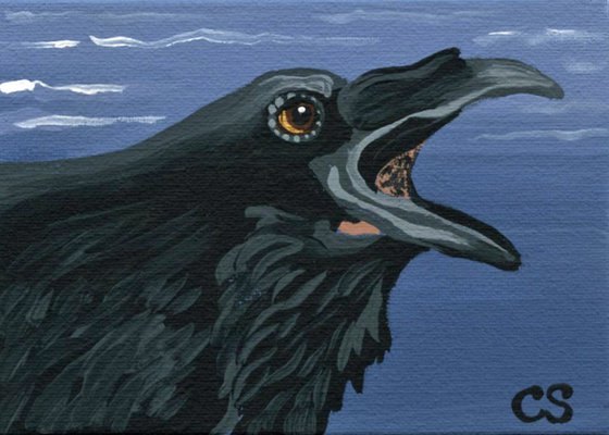 ACEO ATC Original Canvas Painting Crow Raven Wildlife Bird Art-Carla Smale