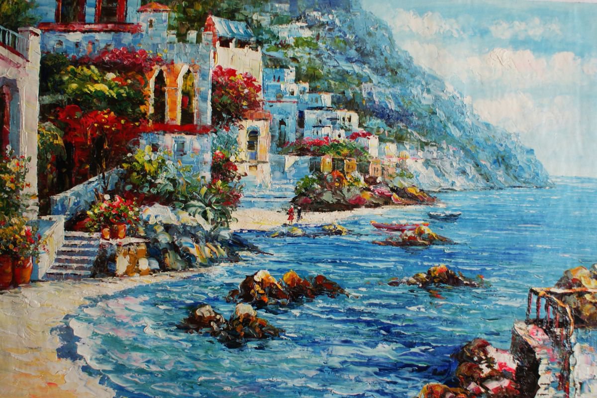 Greece Beach canvas / oil. Size 60x90 cm. by Thomas Wu