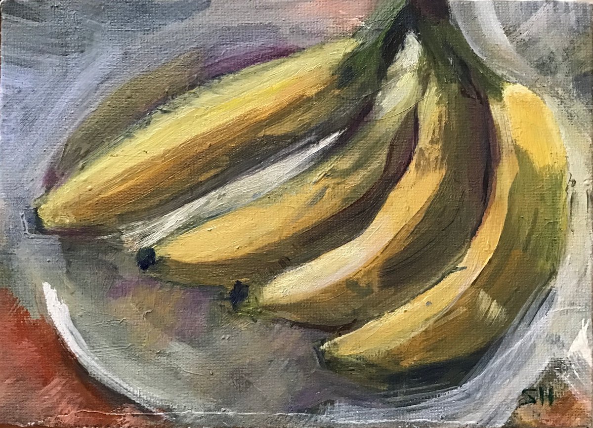 Impressionistic Still Life Oil Painting By Sandra Haney, 7 X 5", Bananas, Original Artwork
