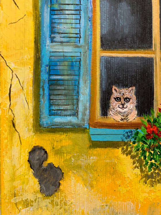 Yellow wall ! Old wall, rustic wall, cat in window! A4 size Painting on paper