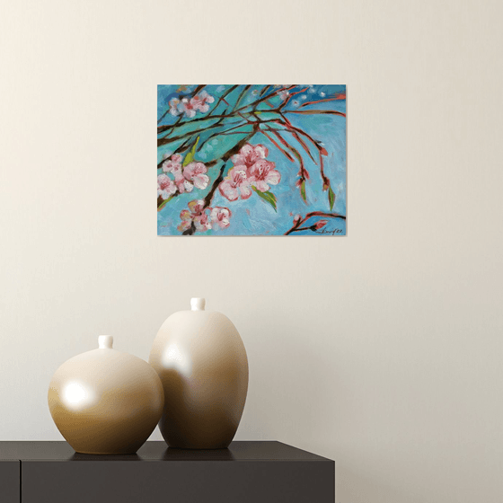 Almond blossom oil painting on wood