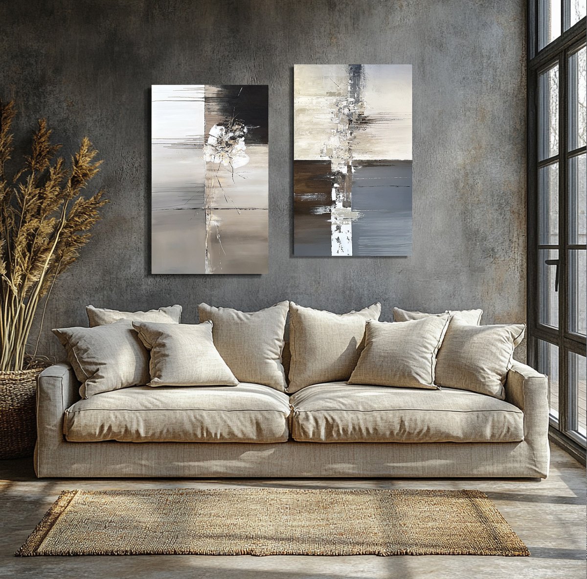 Expressive Abstract Acrylic Painting By Tatiana Malinovscaia, 47 X 39", Set Ivory Grey Golden, Original Artwork