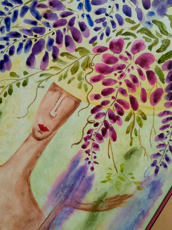 Lady in flower hat purple wisteria flowers original watercolor painting " Bright lady under the rain"