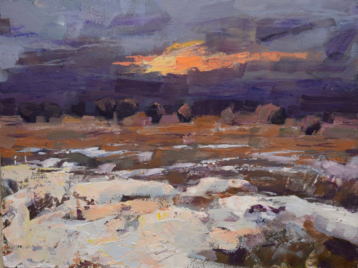 Expressive Landscape Acrylic Painting By Goran Zigolic Watercolors, 16 X 12, Sunset Snowscape, Original Artwork