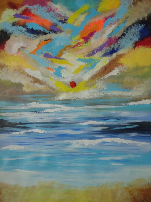 Abstract Landscape !! Magical Sunset at beach! Large Abstract Painting on Canvas ! Colorful Sky by Amita Dand