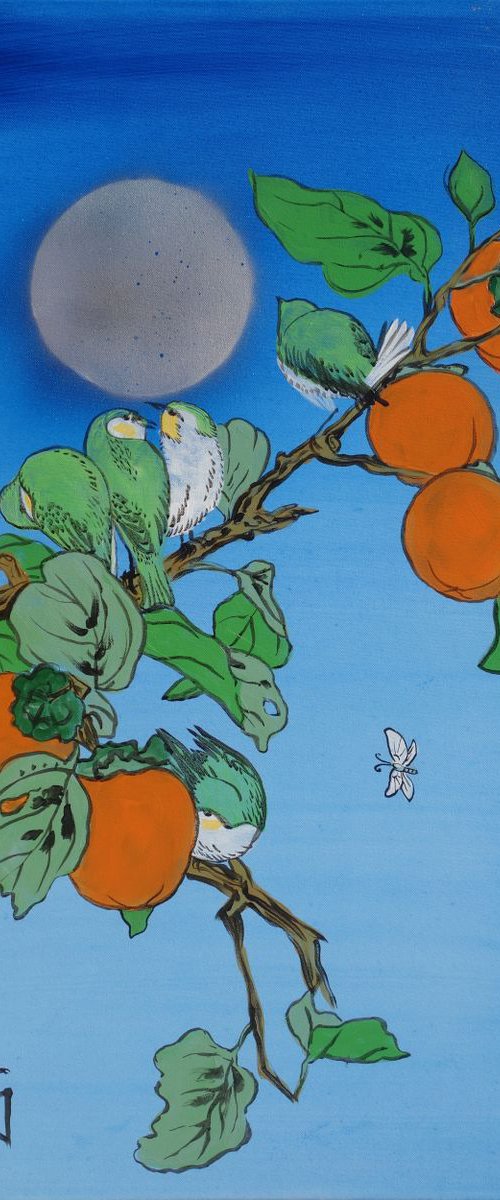 Persimmon brunch moon and birds Japan Hieroglyph original artwork in japanese style J099 ready to hang painting acrylic on stretched canvas wall art by Ksavera
