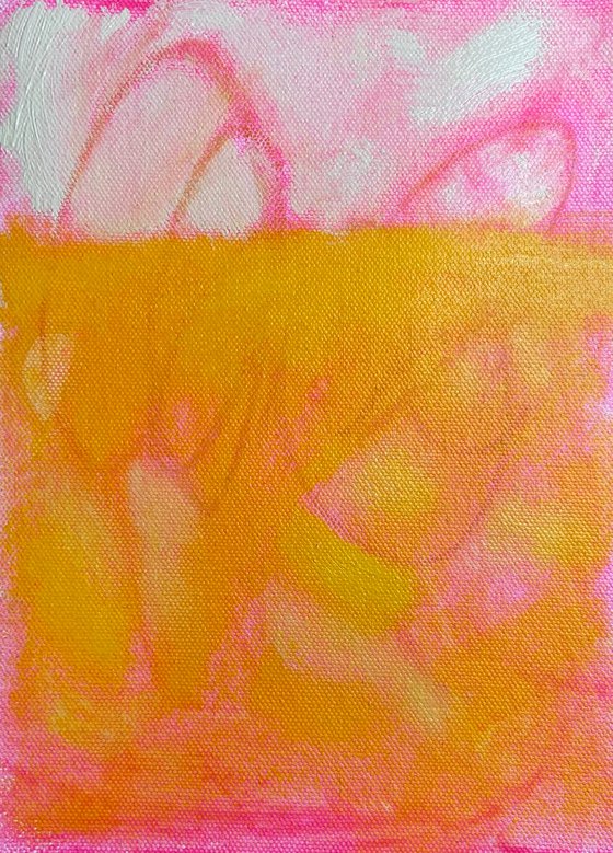 LITTLE GIRL'S DREAM - a small abstract landscape, happy bright yellow pinck